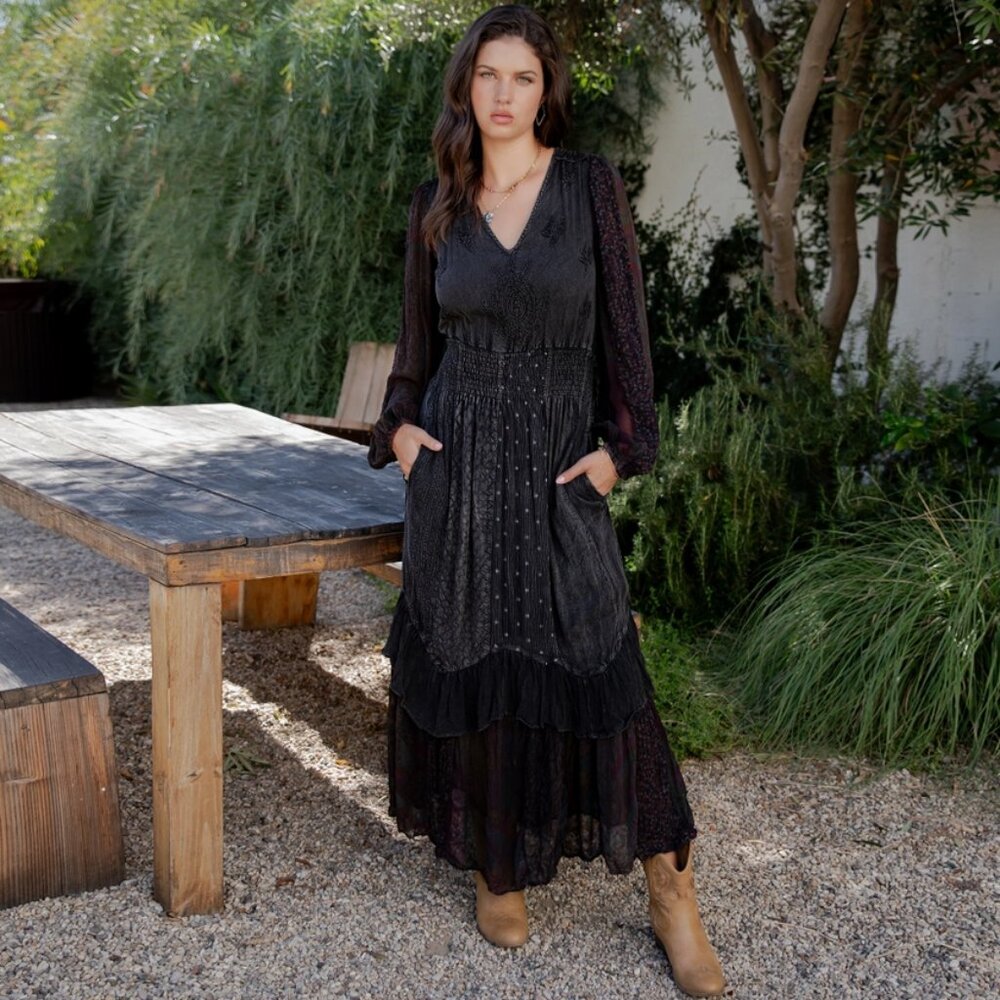Boho Embroidered Ruffle Maxi Smocked Dress with Sheer Sleeve